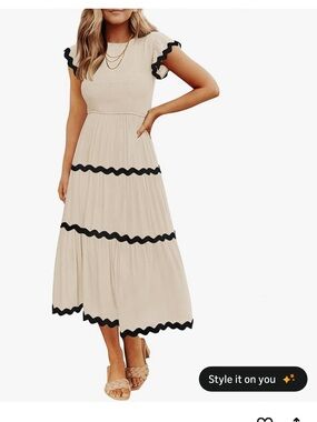 Cream Midi Dress with Black Wavy Trim